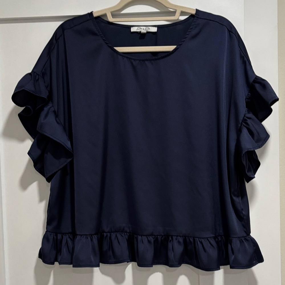 Navy Ruffle Sleeve Top